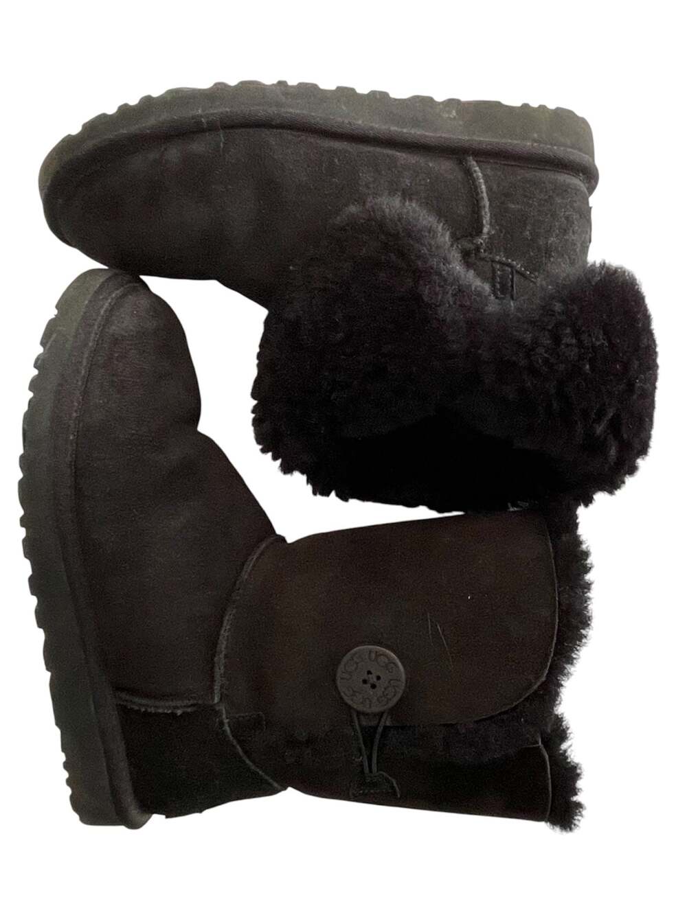 Y2k UGG Australia Bailey Button Black Leather Sheepskin Fold Over Boots Size 7